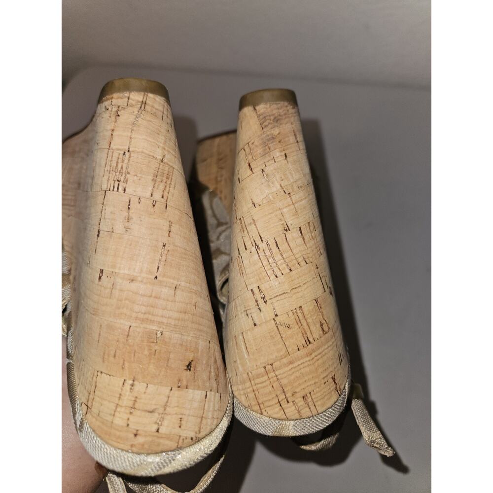 Coach Jessy Size 7.5 Gold Leather Iridescent Canvas Strappy Wedge Sandals - Picture 14 of 15